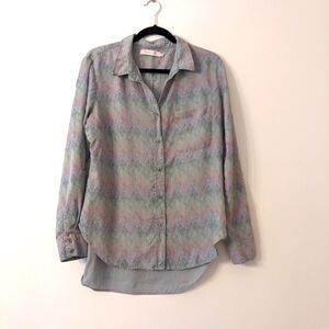 Billy T Button Up Blouse Womens Watercolor Art Rainbow Lyocell Linen Long